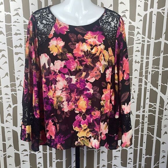 Jennifer Lopez Floral & Lace Batwing Sleeve Blouse sz M - Picture 1 of 8